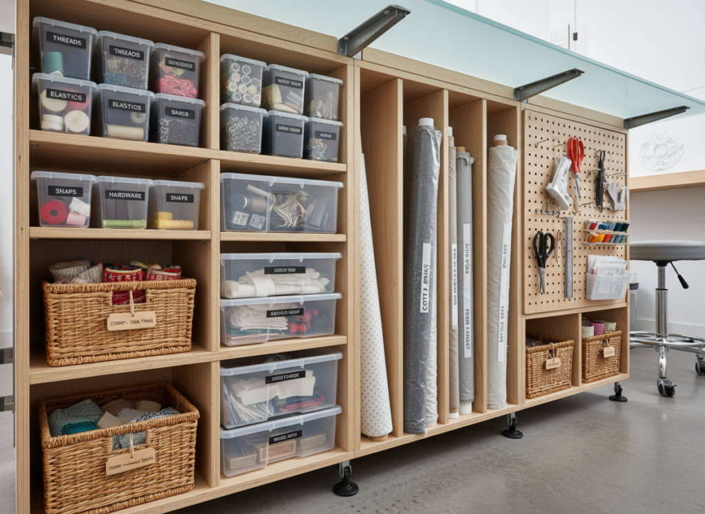 organized storage bins under cutting table