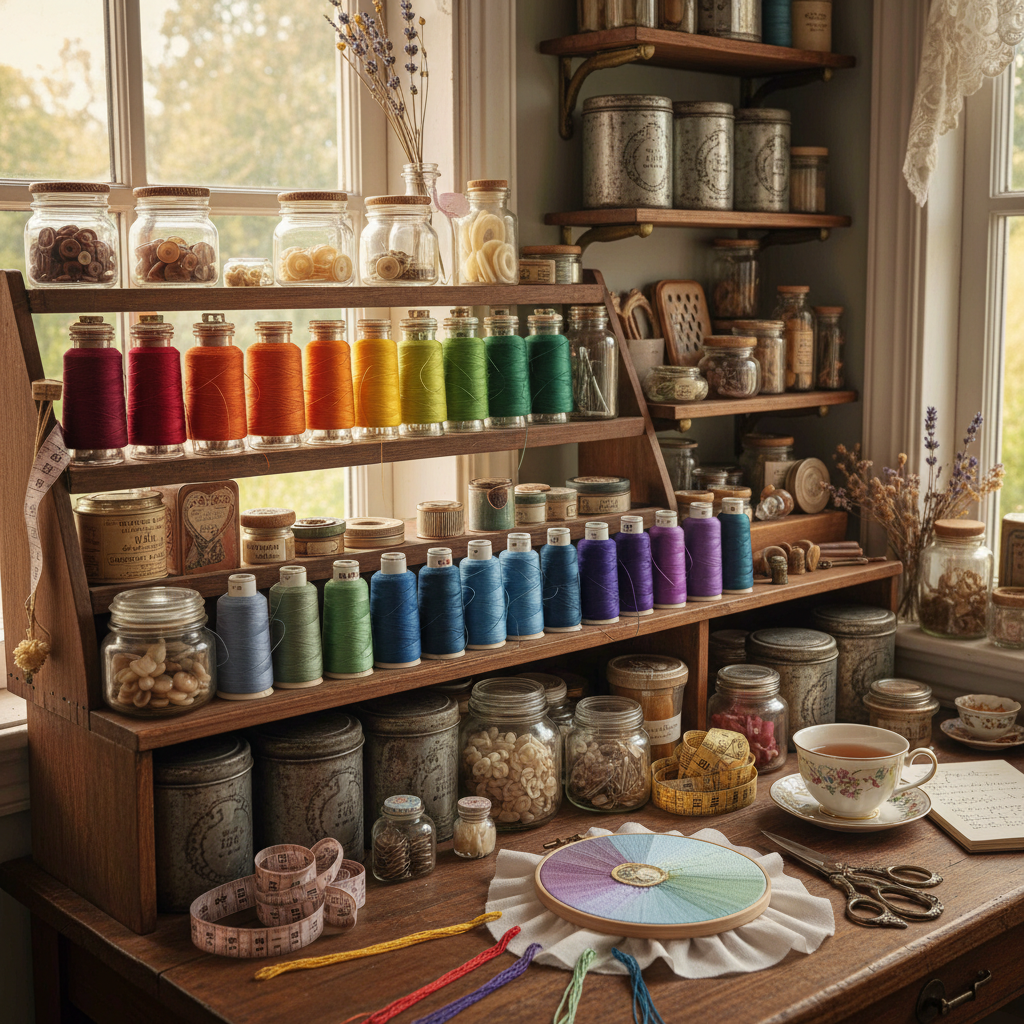 organized thread collection and sewing notions in aesthetic storage