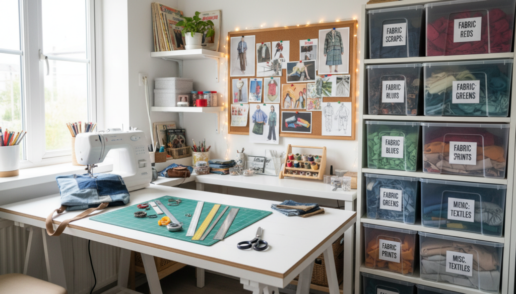 organized upcycling workspace with labeled storage and tools
