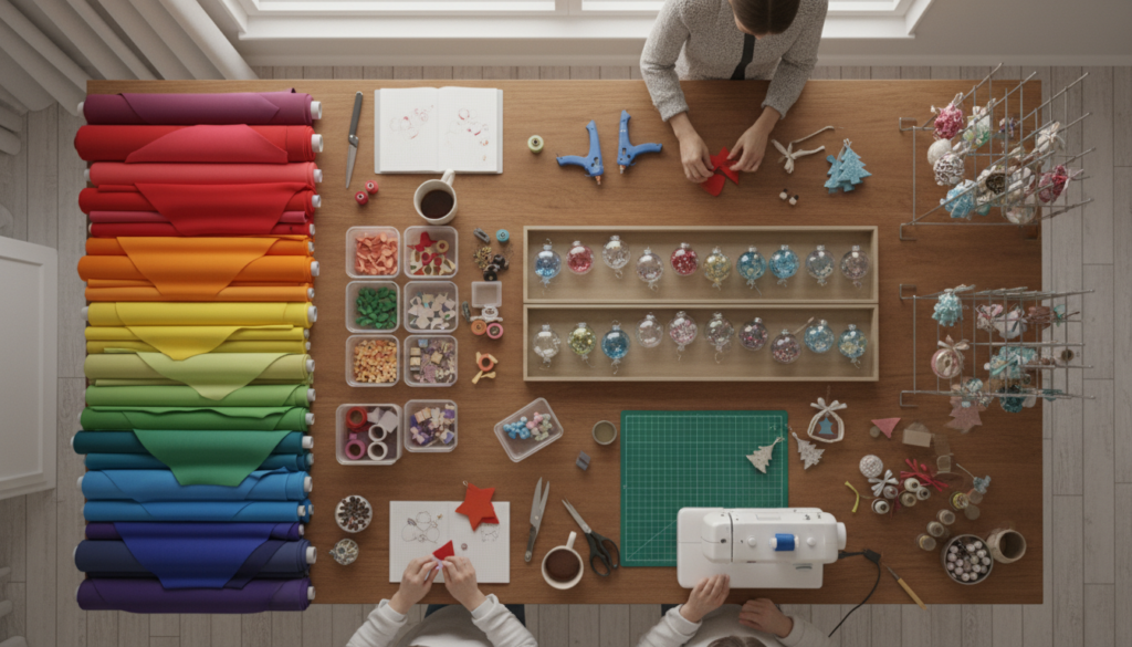 organized workspace showing batch ornament production process