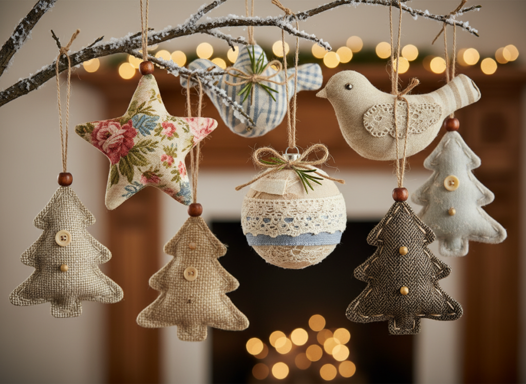 ornaments made from upcycled vintage fabrics and clothing