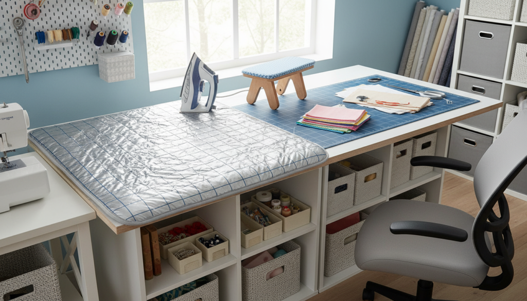 padded ironing mat on large cutting table