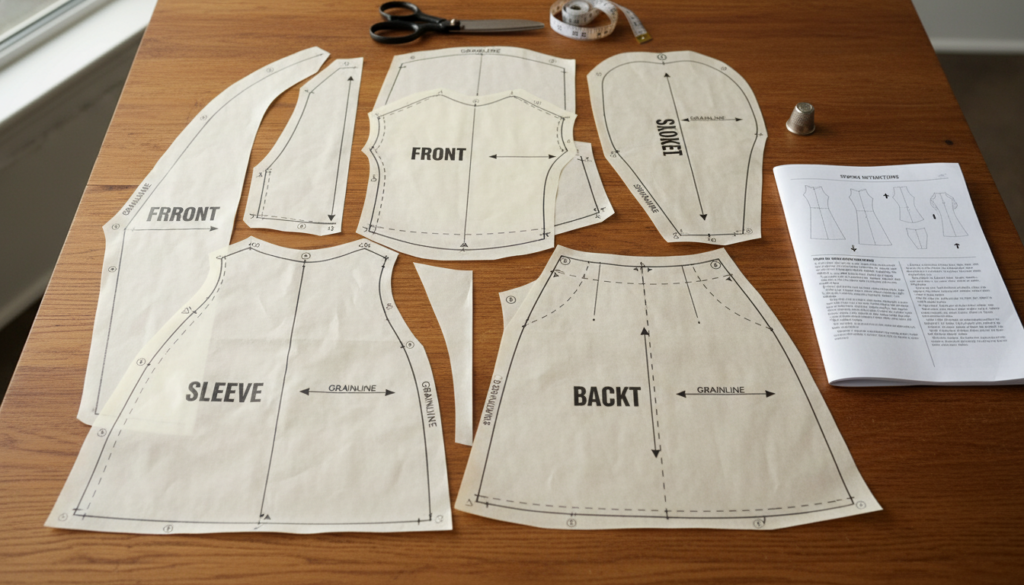 paper sewing pattern pieces laid out with markings and instructions visible