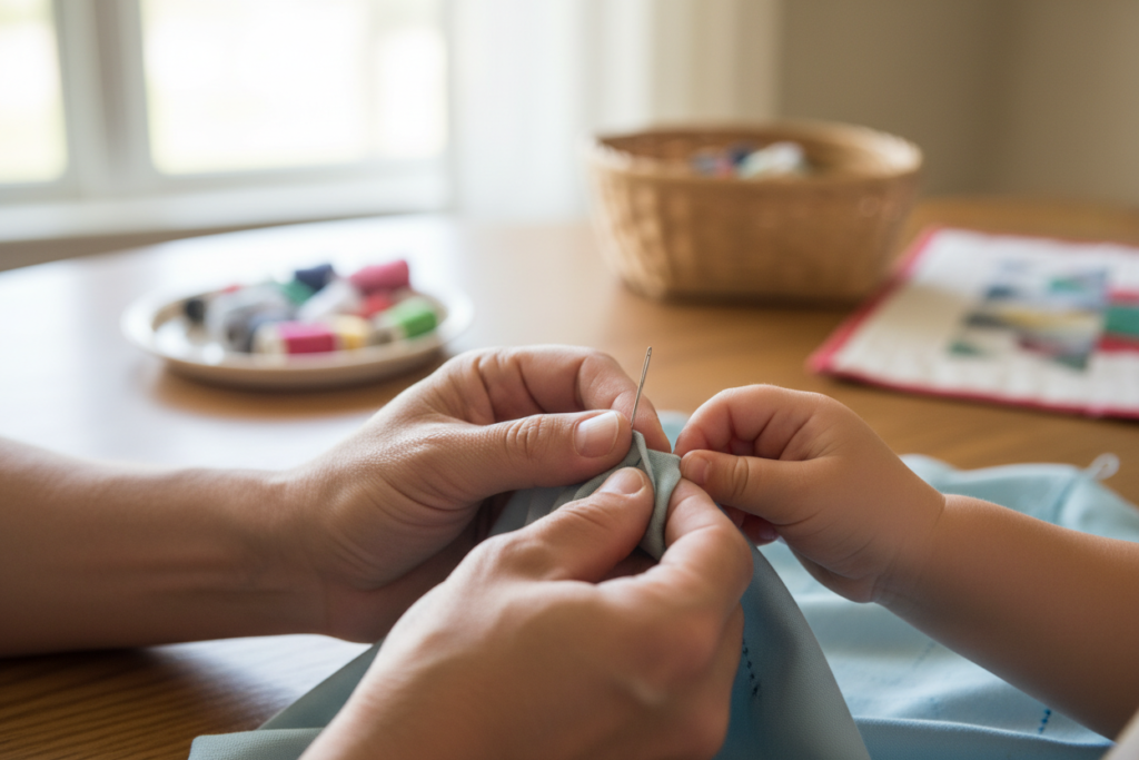 parent teaching child safe hand sewing techniques parent teaching child safe hand sewing techniques