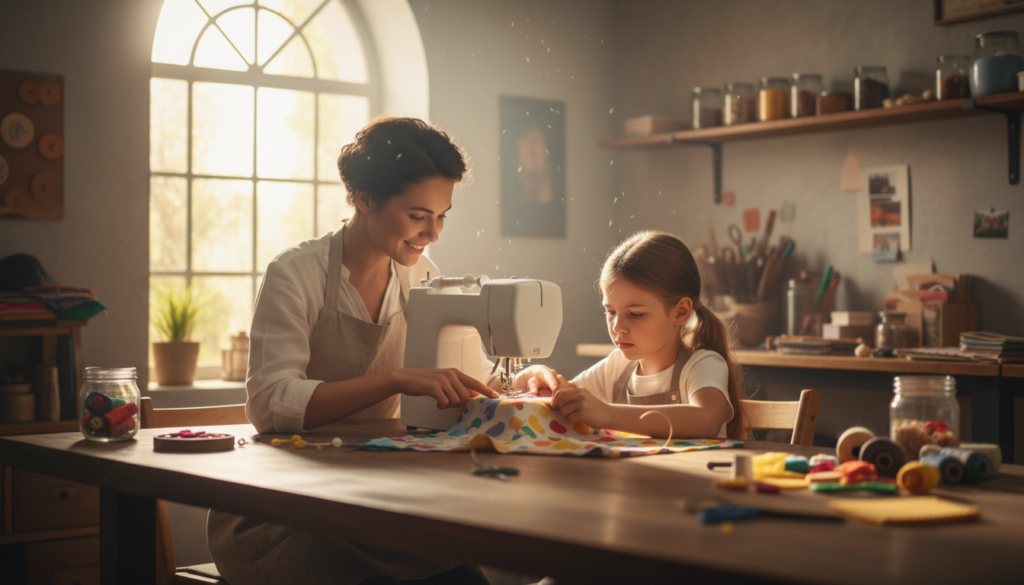 parent teaching child sewing techniques with patience and encouragement