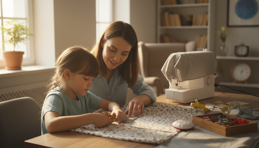 parent teaching child to sew demonstrating beginner sewing projects