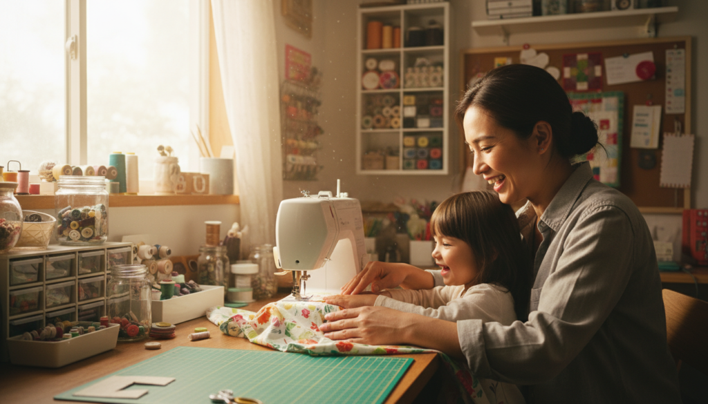 parent teaching child to use sewing machine safely