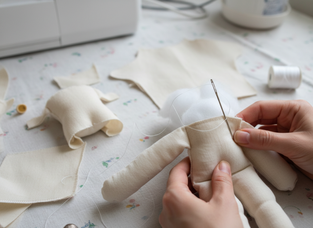 partially constructed doll showing sewing assembly process