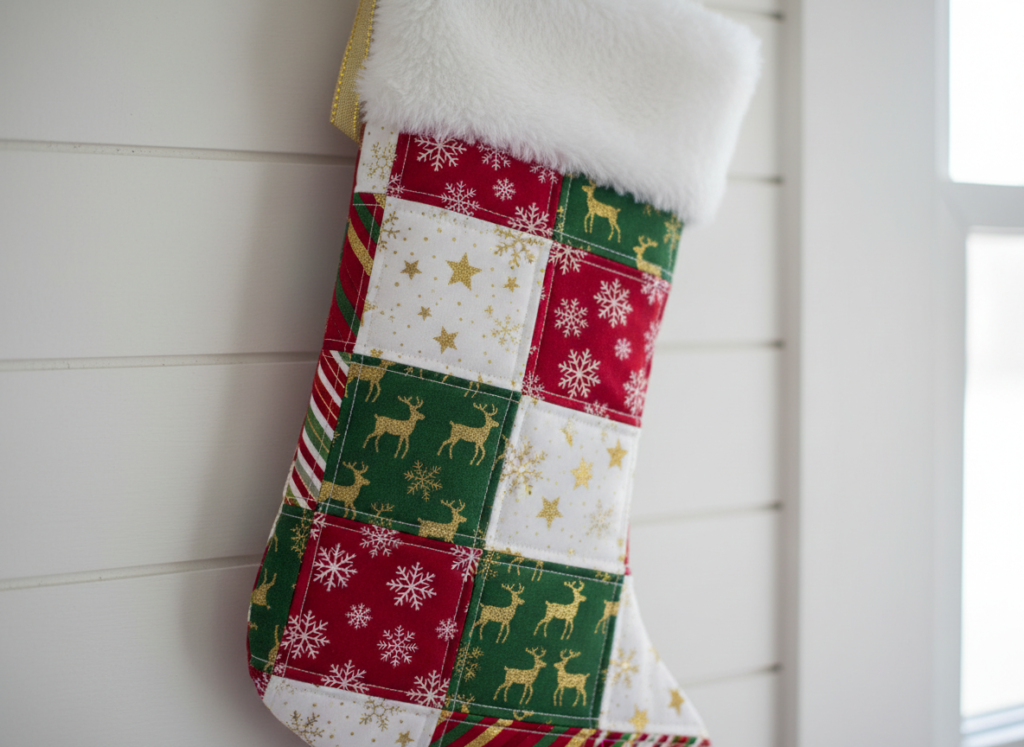 patchwork christmas stocking made from various festive fabric squares