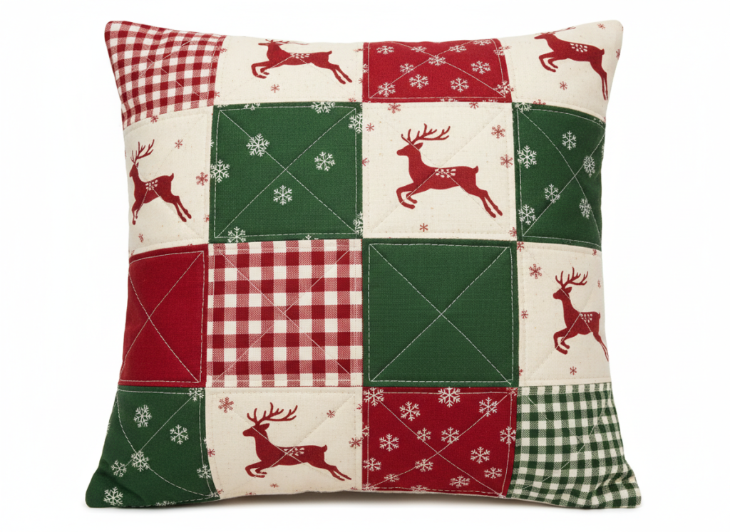 patchwork pillow made from assorted christmas fabric squares