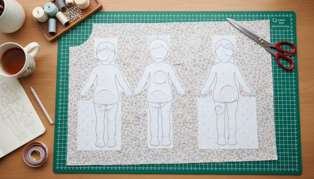 pattern pieces laid out with fabric ready for cutting