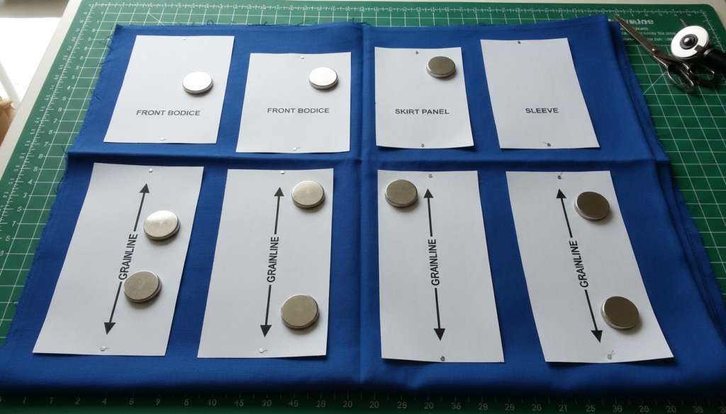 pattern pieces pinned to folded fabric ready for cutting