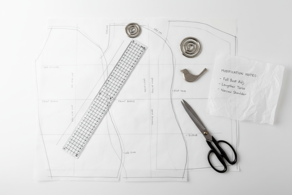 pattern pieces with modification markings and alterations