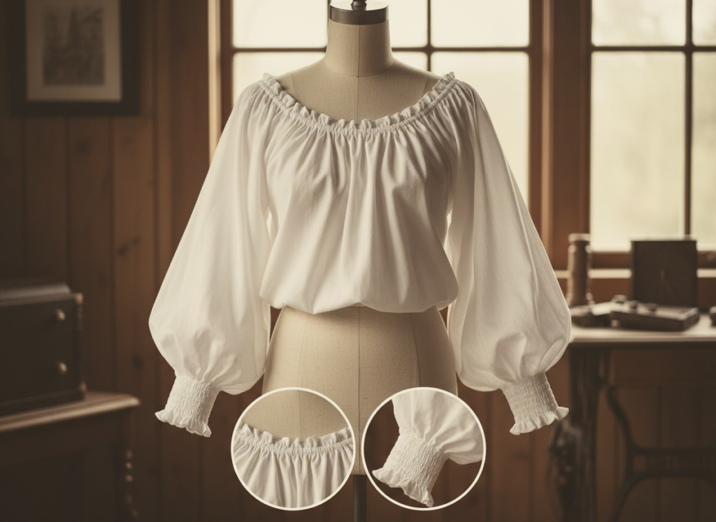 peasant top sewing project showing gathered neckline detail and construction