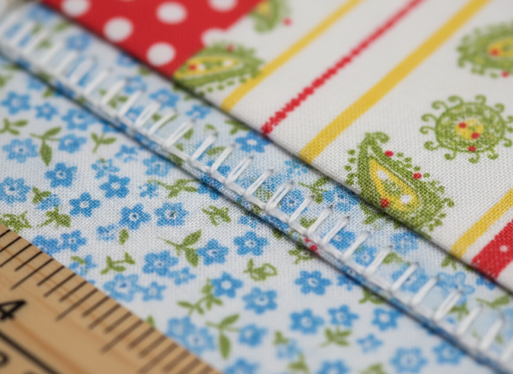 perfectly sewn straight seam on colorful fabric