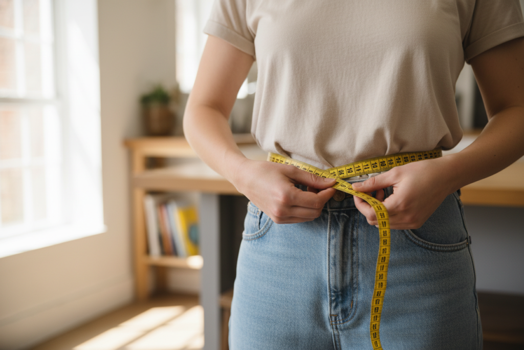 person measuring waist for apron pattern