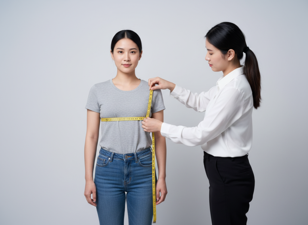 person taking dress measurements with measuring tape