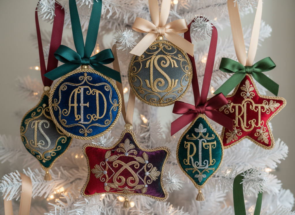 personalized monogrammed fabric ornaments with embroidered initials
