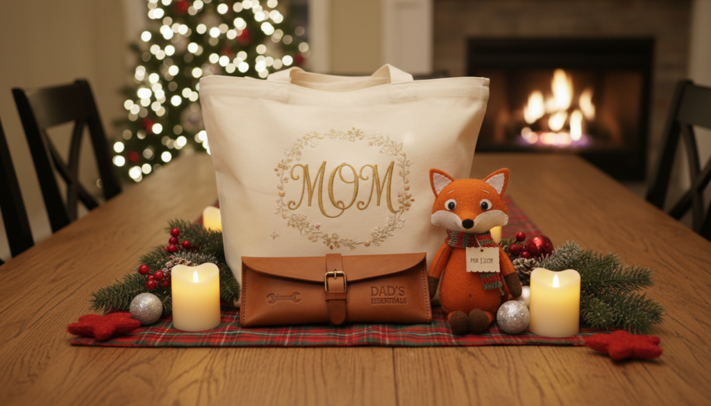 personalized sewing gifts for different family members arranged for Christmas