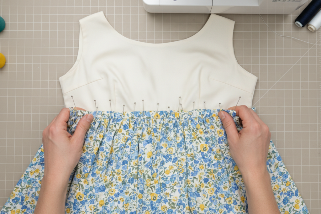 pinning bodice to gathered skirt at waistline