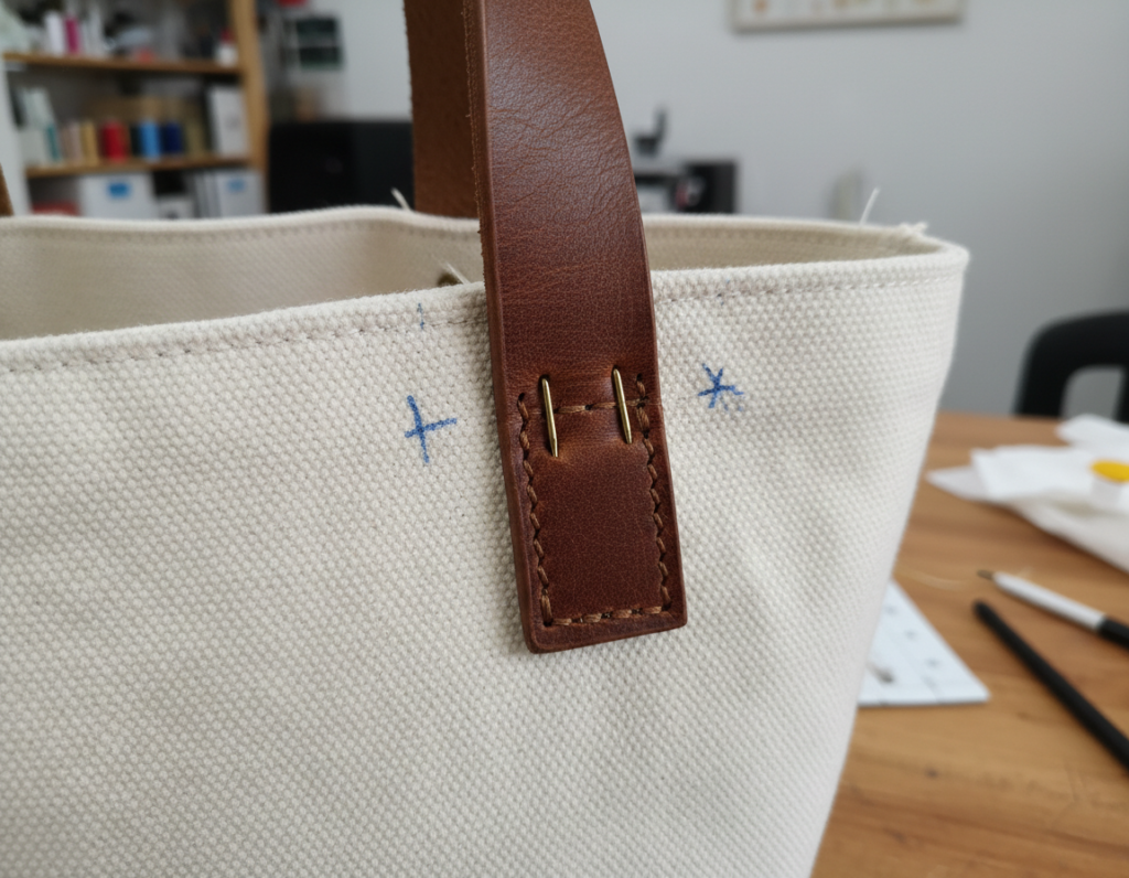 pinning straps to bag opening showing placement