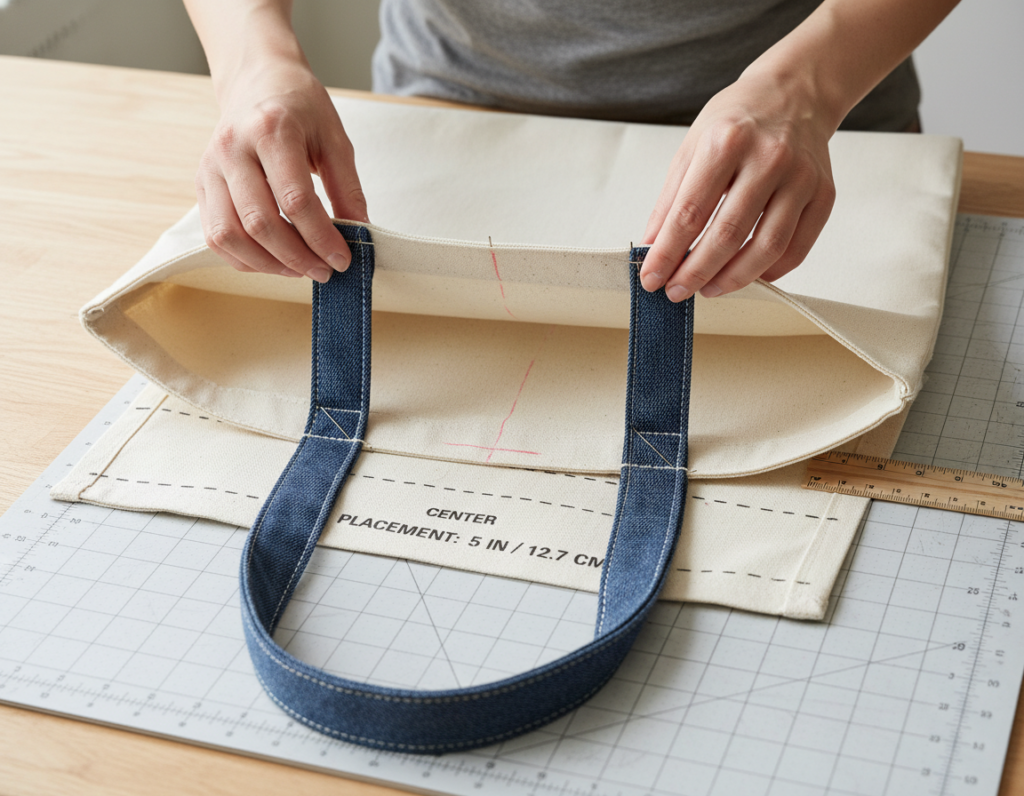 pinning straps to top edge of tote bag