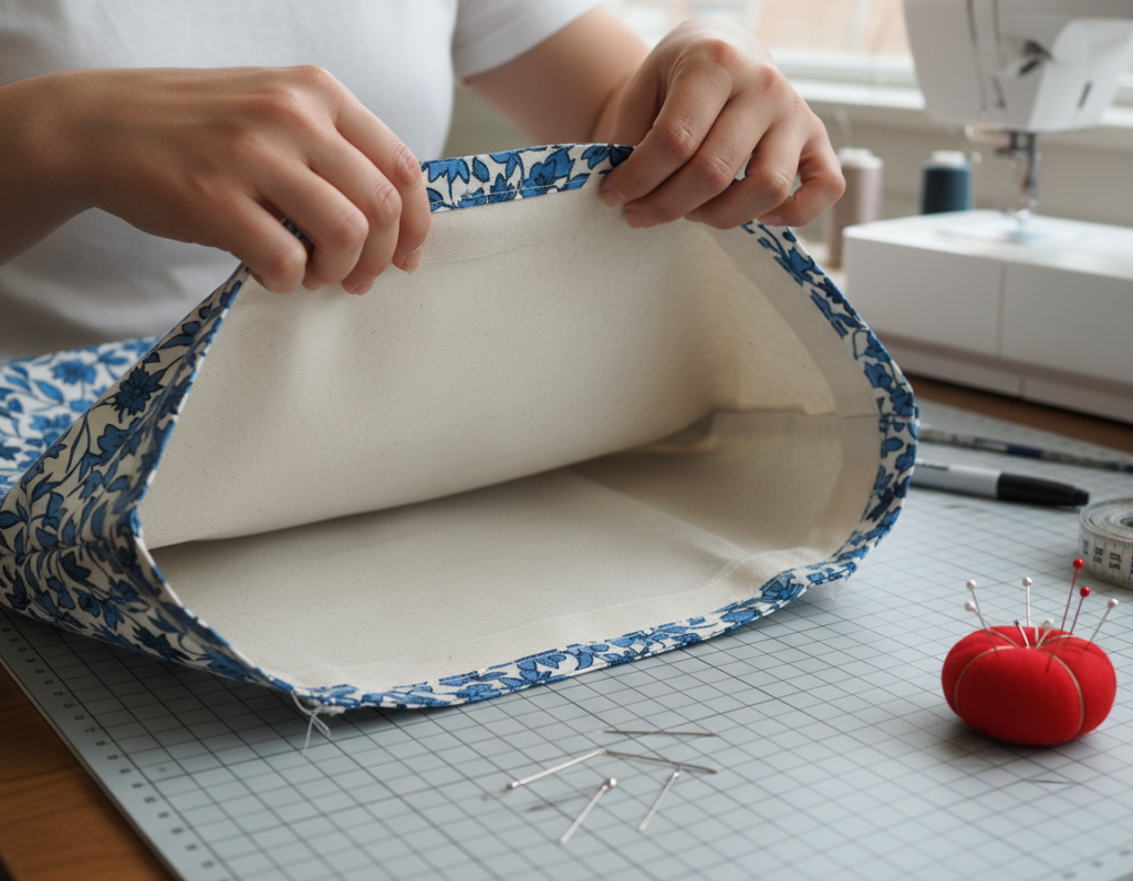 placing outer bag inside lining fabric right sides together