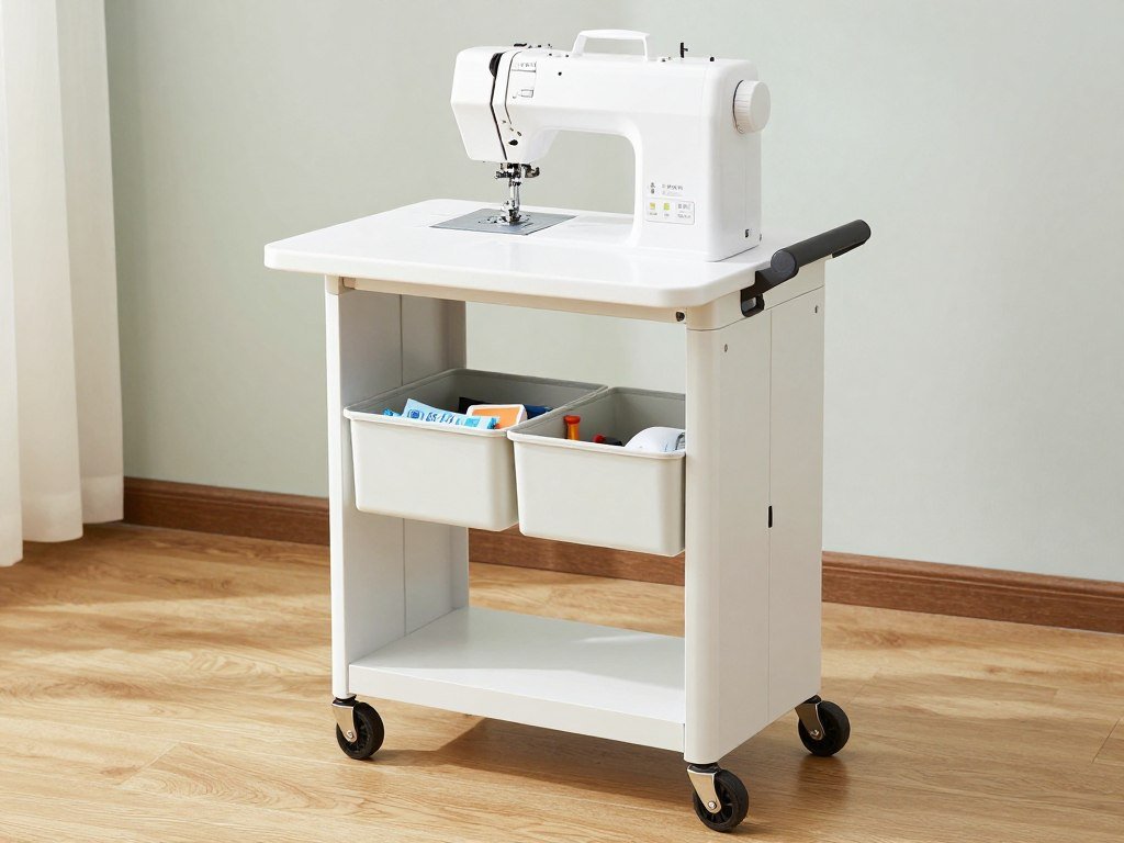 portable sewing station on wheels with folding features