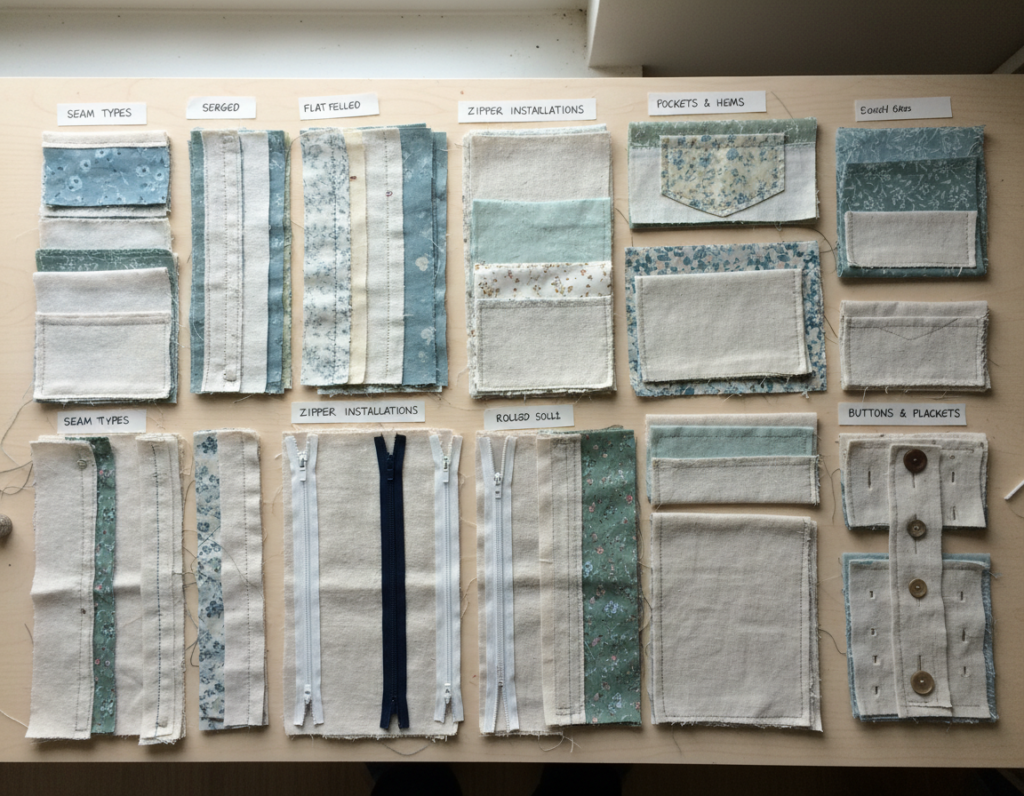 practice fabric samples and muslin test pieces