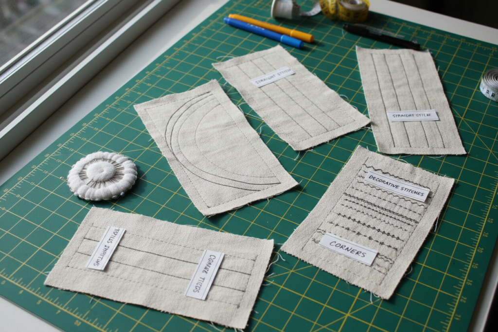 practice fabric samples showing different stitch types and techniques