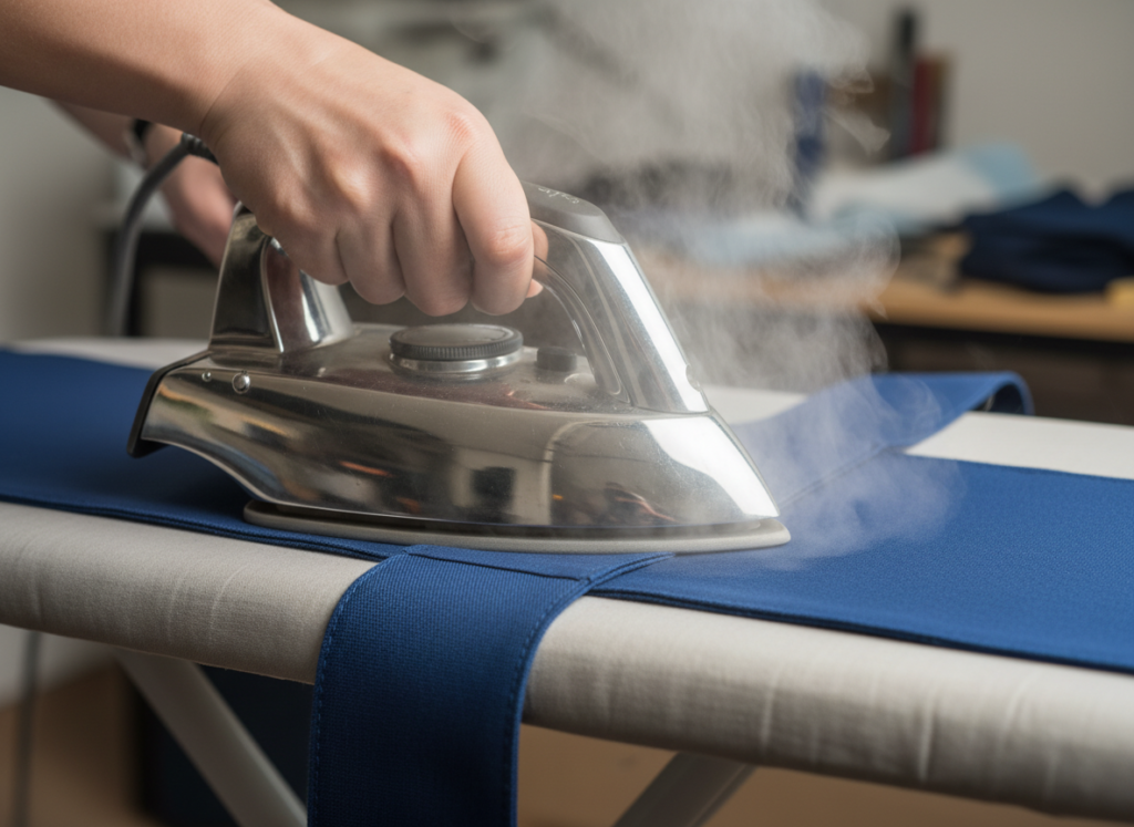 pressing folded fabric strap with iron