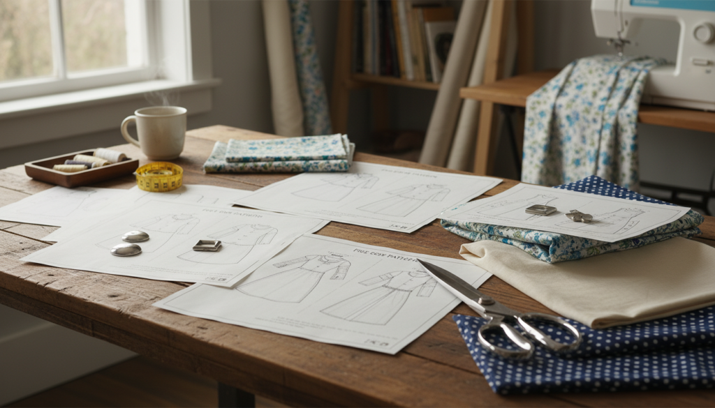 printed sewing patterns with fabric and supplies