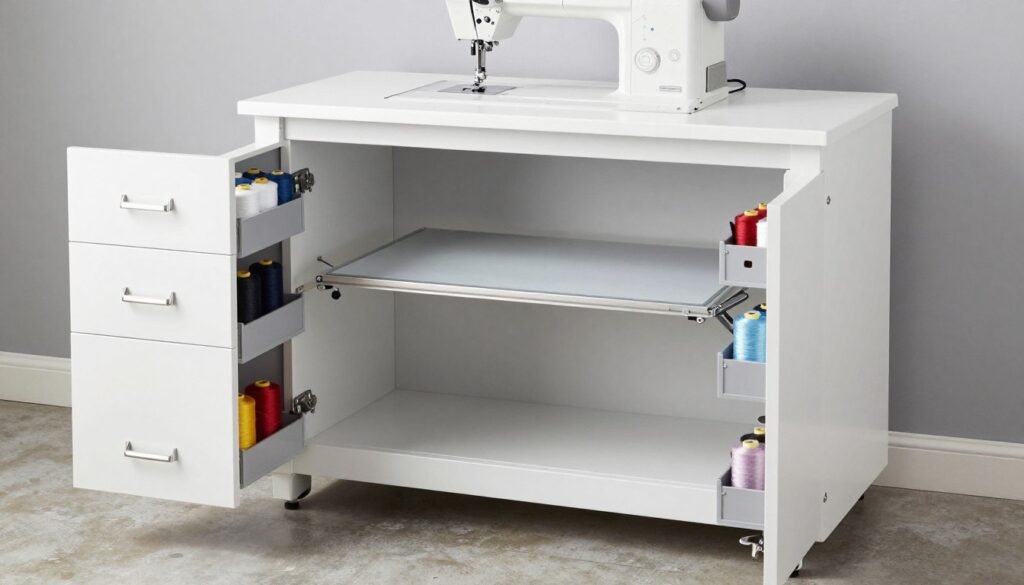 professional sewing cabinet with machine lift and storage