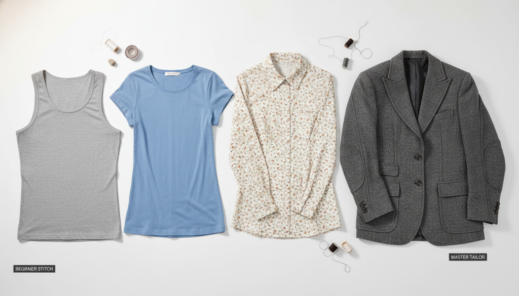 progression of sewing projects from simple to more complex laid out