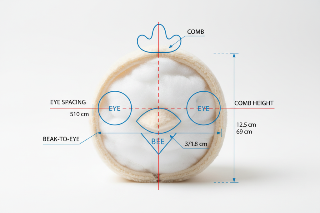 proper eye and beak placement guide for chicken plush patterns