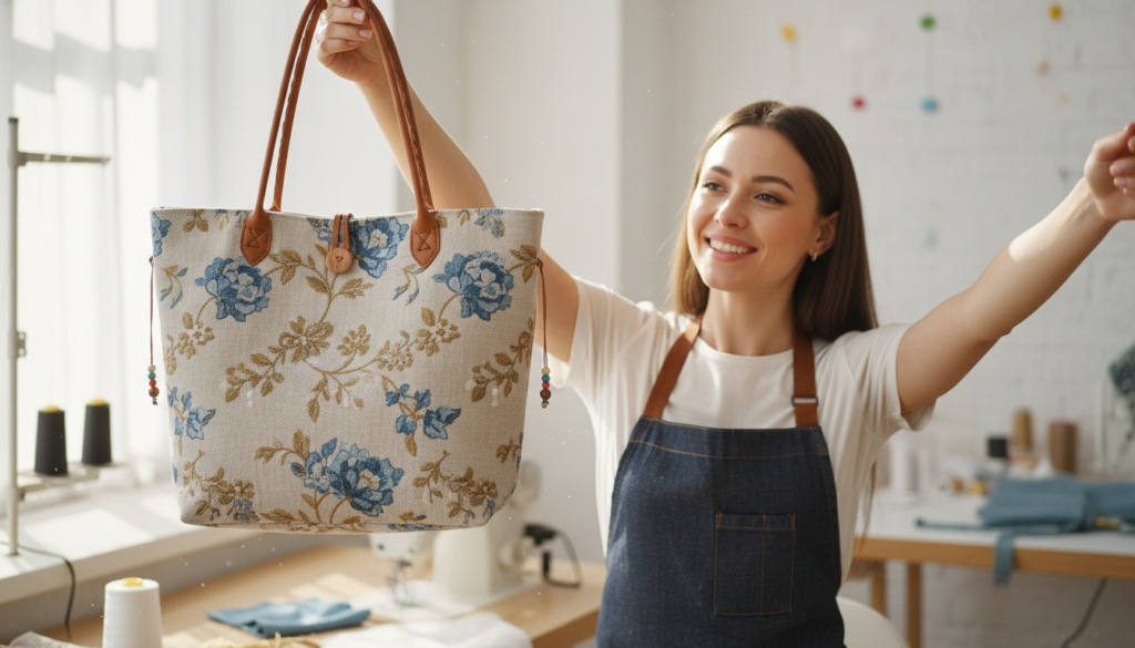 proud beginner displaying finished handmade tote bag