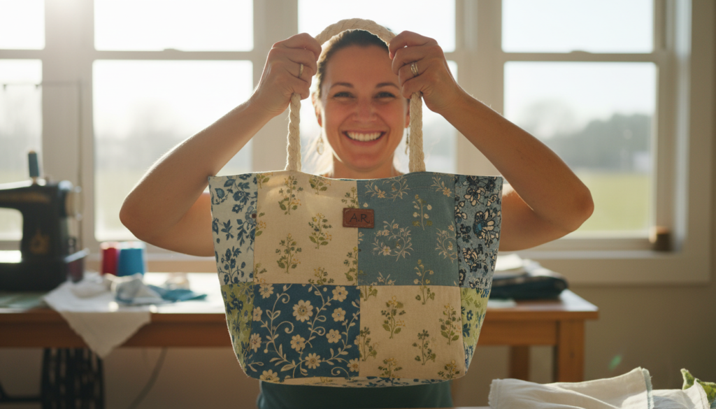 proud creator holding finished tote bag