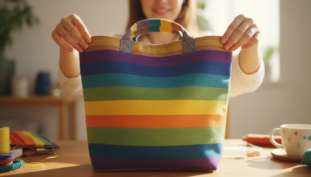 proud person holding completed handmade tote bag