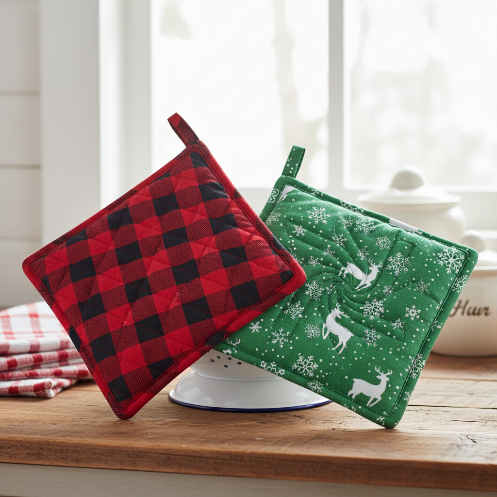 quilted christmas pot holders in festive fabrics with hanging loops