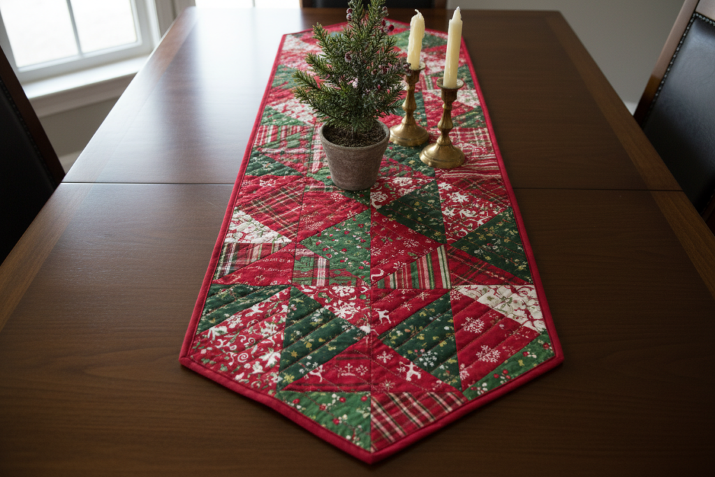 quilted table runner with diagonal stitching pattern in christmas fabrics