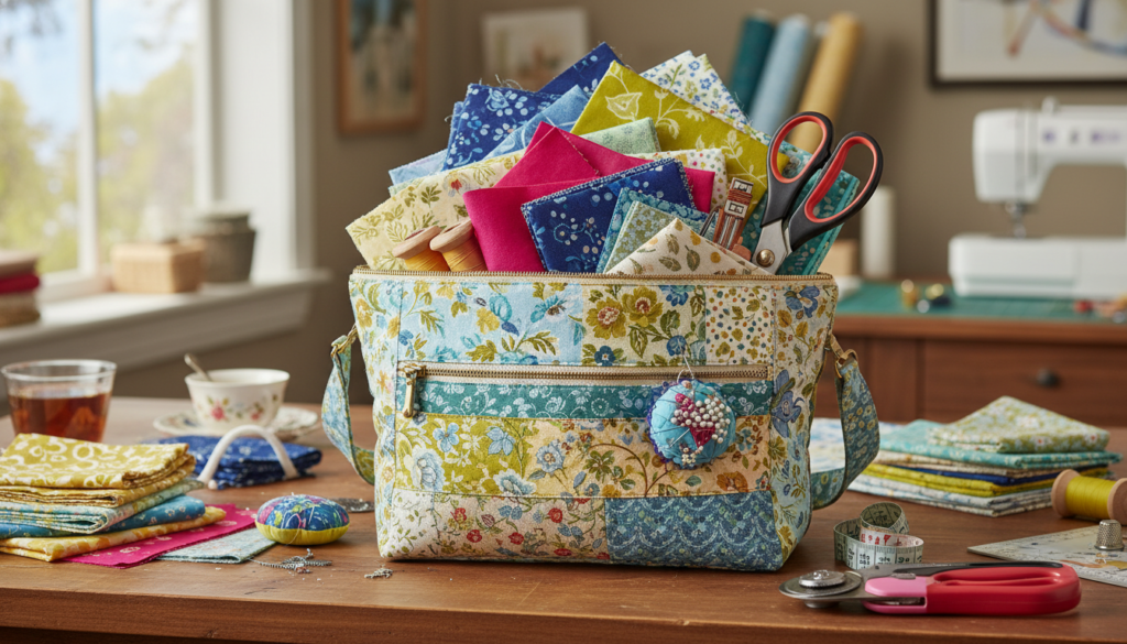 quilting project bag with zipper showing fabric storage inside