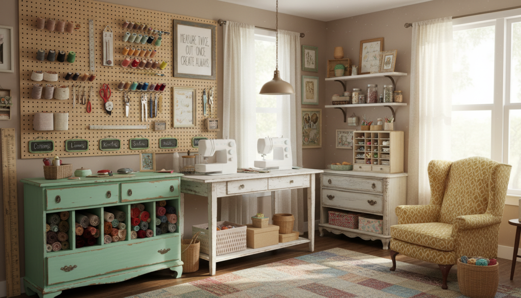 repurposed furniture and DIY storage solutions in sewing room