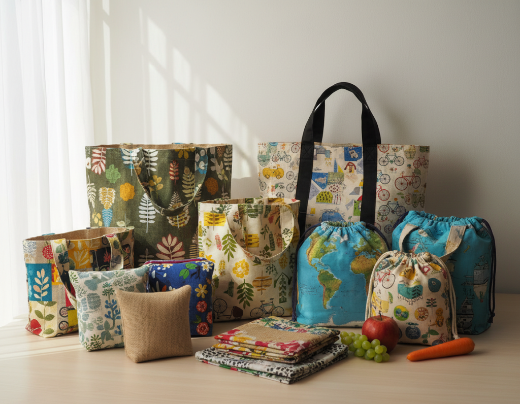 reusable fabric shopping bags in different patterns