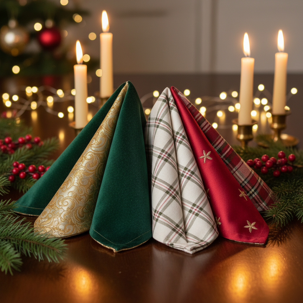 reversible cloth napkins in Christmas patterns folded and arranged as holiday table setting