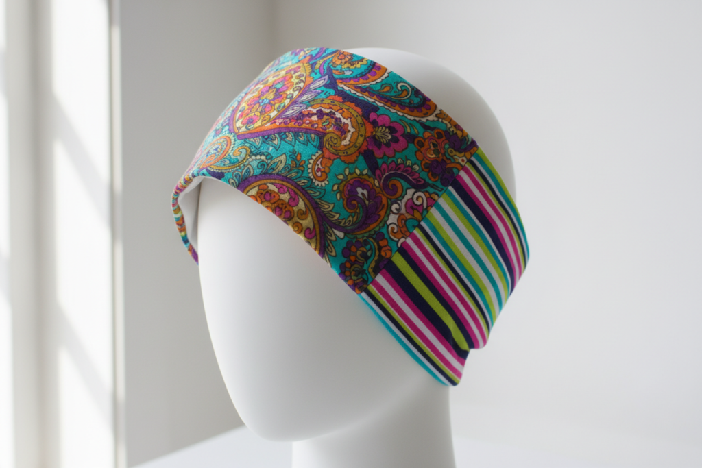 reversible fabric headband on stand