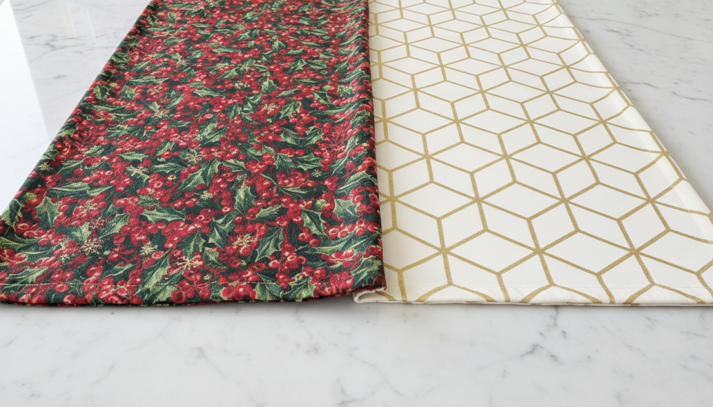 reversible table runner showing both festive and neutral sides
