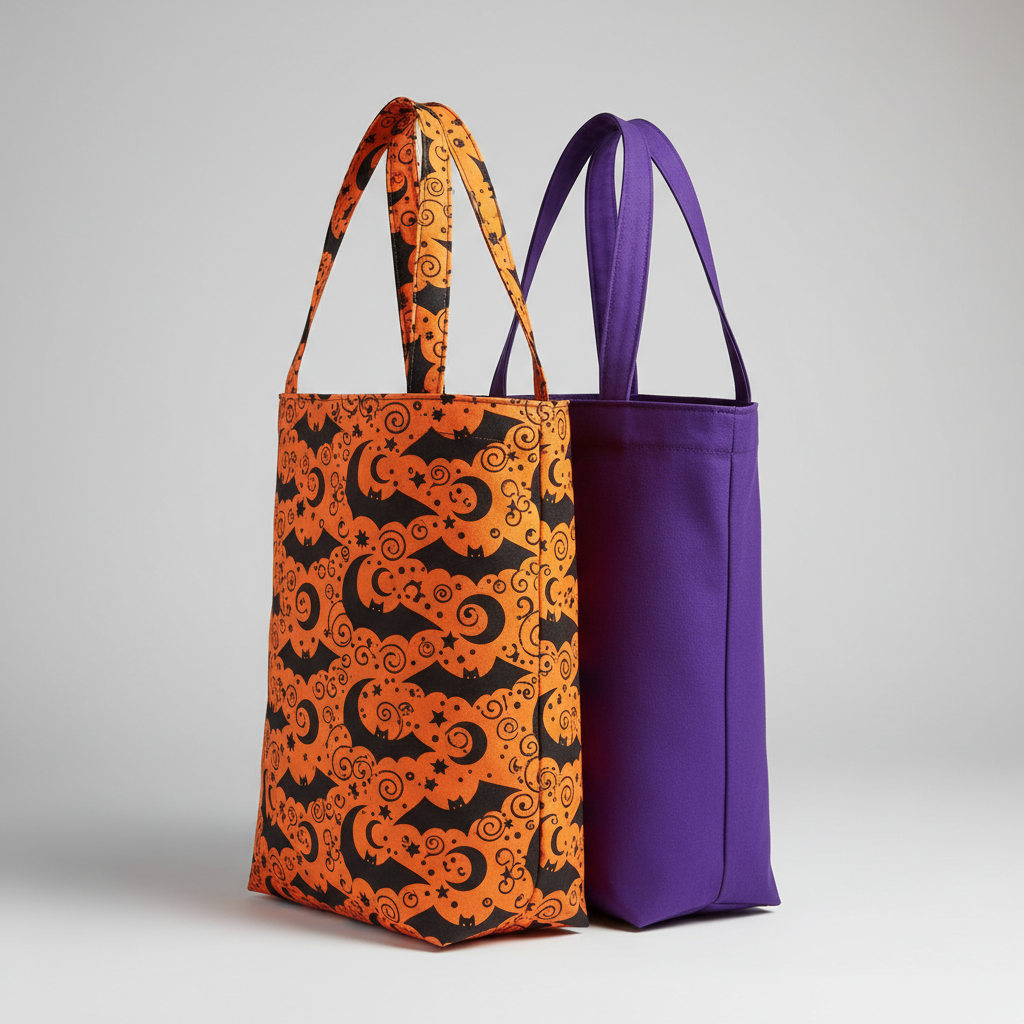 reversible treat bag showing halloween pattern and solid color sides