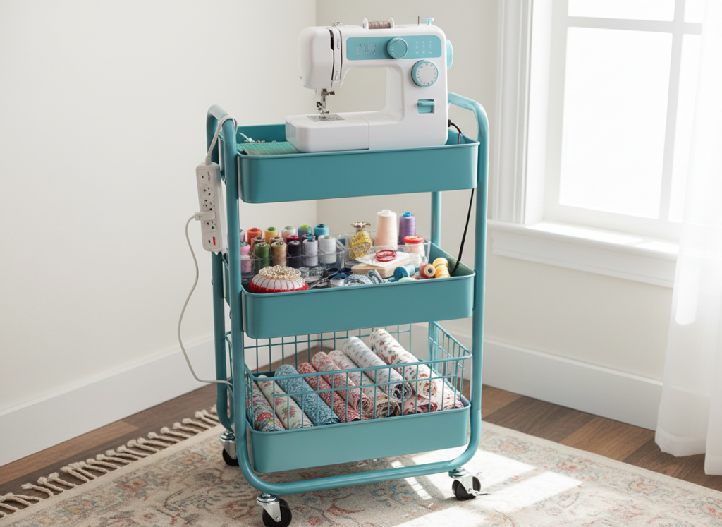 rolling cart with sewing supplies and portable machine