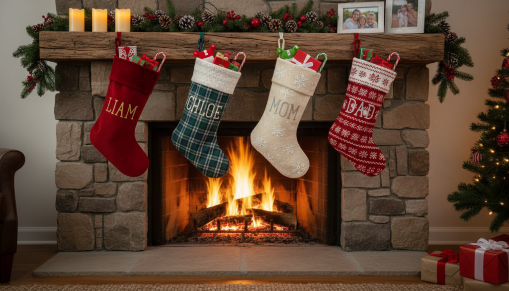 row of handmade christmas stockings hanging on fireplace mantel in coordinating fabrics