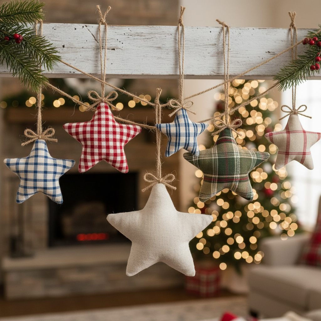 rustic fabric star ornaments with different patterns